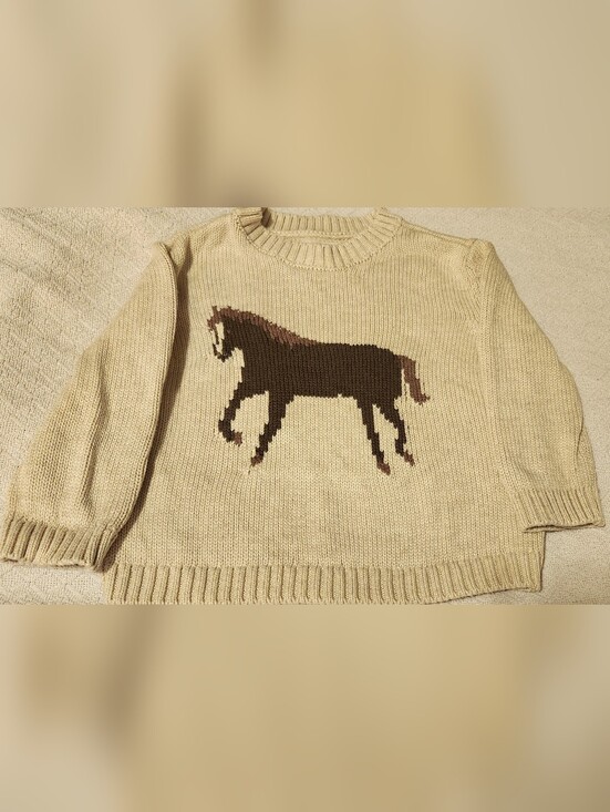 Little Planet Other - Kids Cream Knit Sweater with Brown Horse Motif